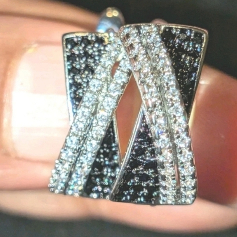 Lab Created Black Diamond Cluster Crossover Hoop Earrings 14k White Gold Plated - Picture 4 of 16